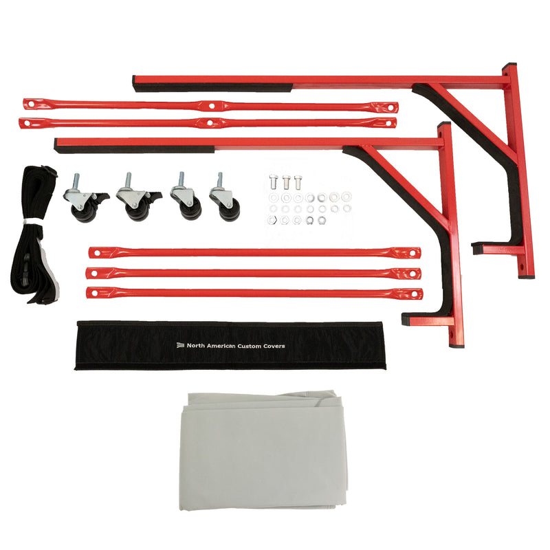 Heavy-duty Hardtop Stand Trolley Cart Rack (Red) with Securing Harness, Top Bar Cover & Regular-sized Hard Top Dust Cover (050R)